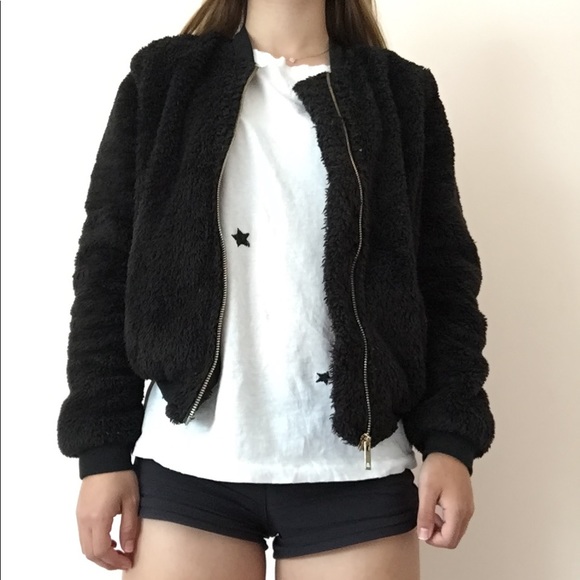 Black Fuzzy Bomber Jacket - Picture 1 of 1